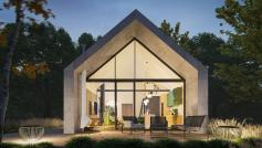 Modular BARN, Modern home without a building permission 70m2 - front view at night 1